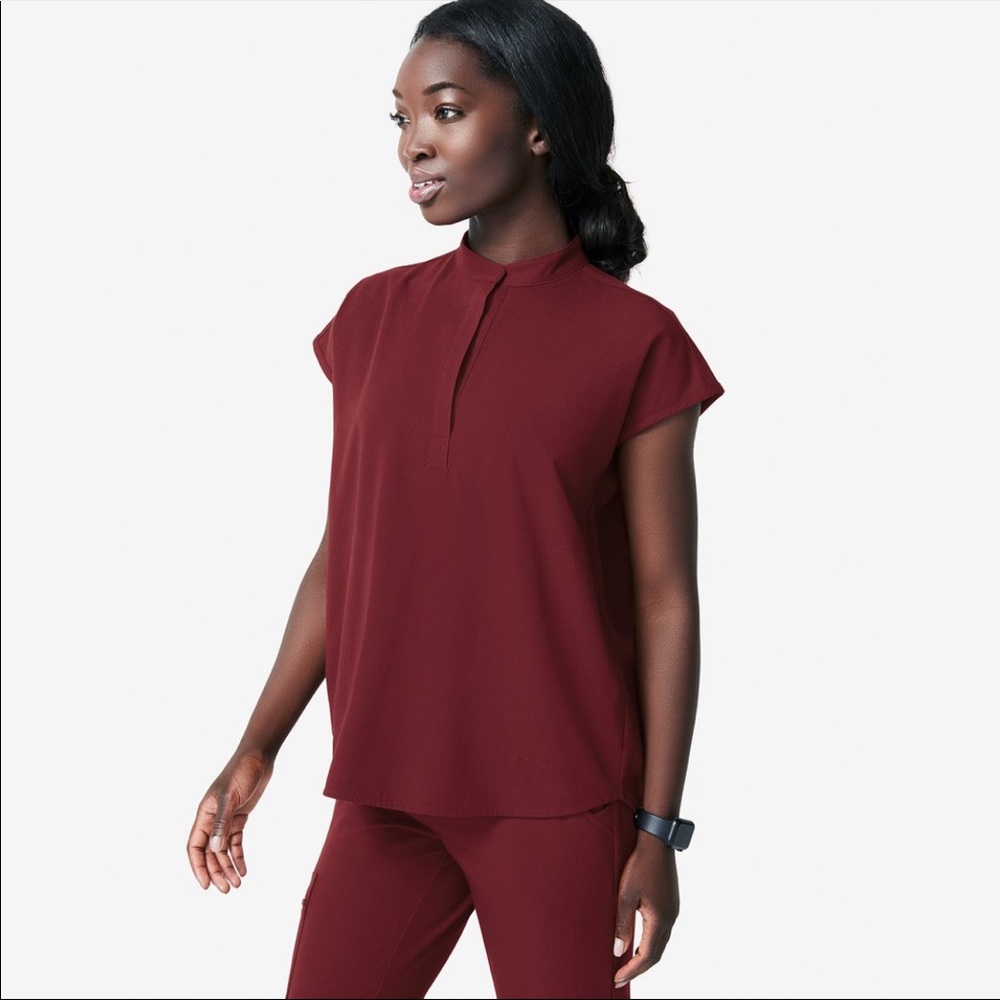 FIGS Burgundy XS Mandarin Collar Scrub Top